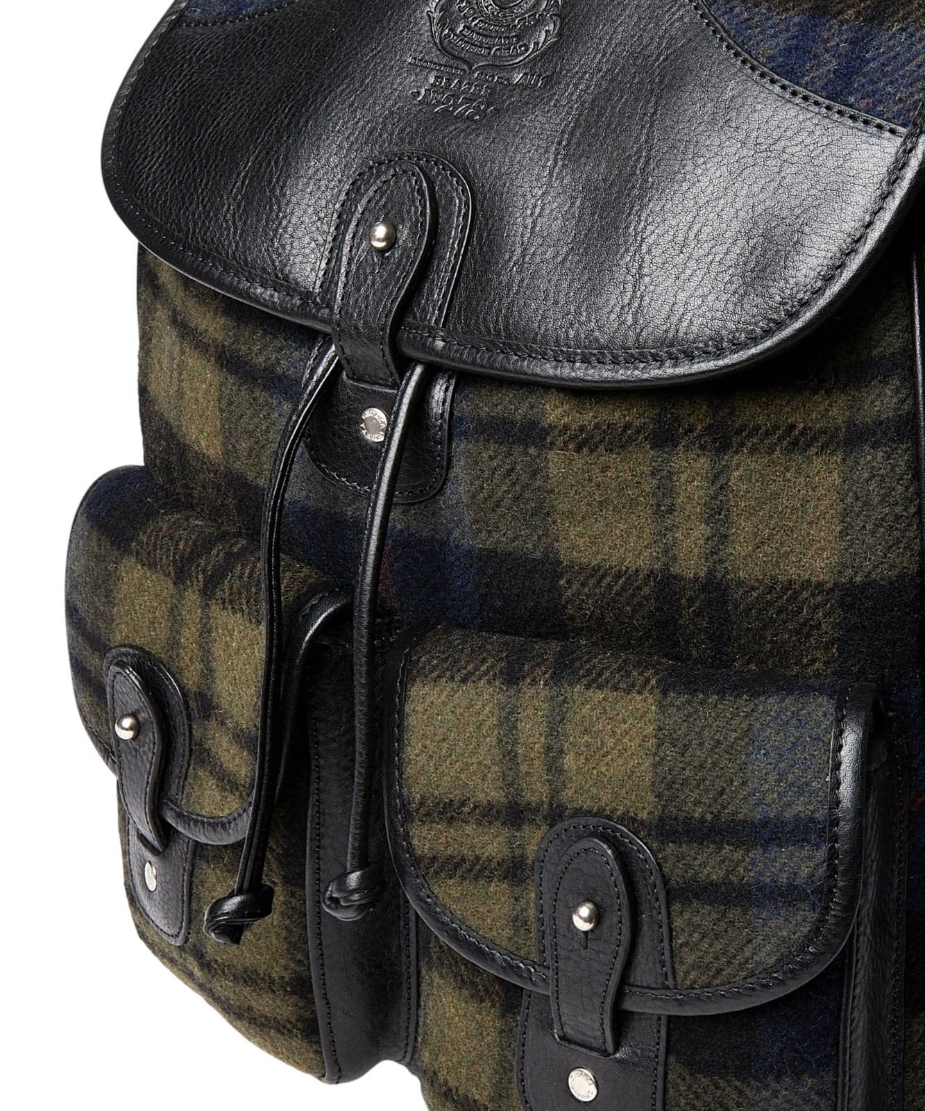 Men’s Ghurka Navy Plaid Wool Black Leather Blazer No. 278 Backpack New $1495