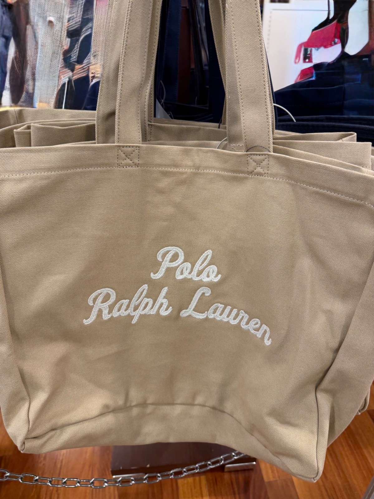 Polo Ralph Lauren CLASSIC TAN Cotton Chain Stitch Embroidered Canvas Tote Bag