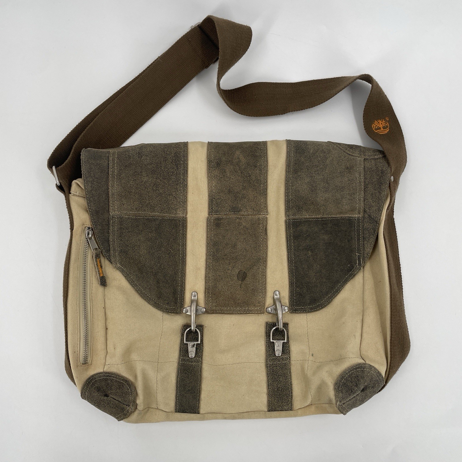 Vintage 90s Timberland Messenger Bag – Canvas w/ Suede Leather Trim Metal Buckle