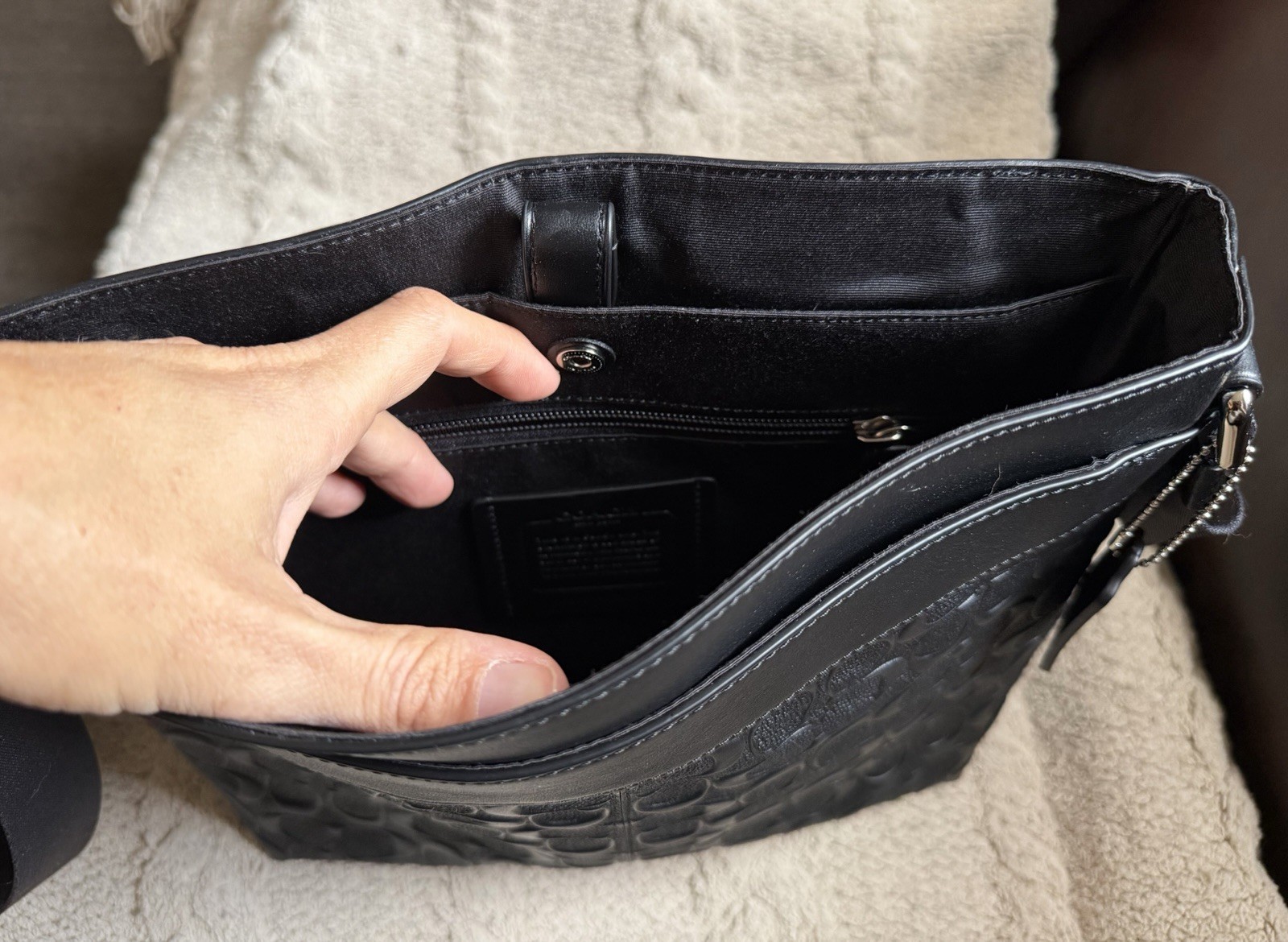 COACH Shoulder Bag Mens Embossed Leather Black Charles Messenger