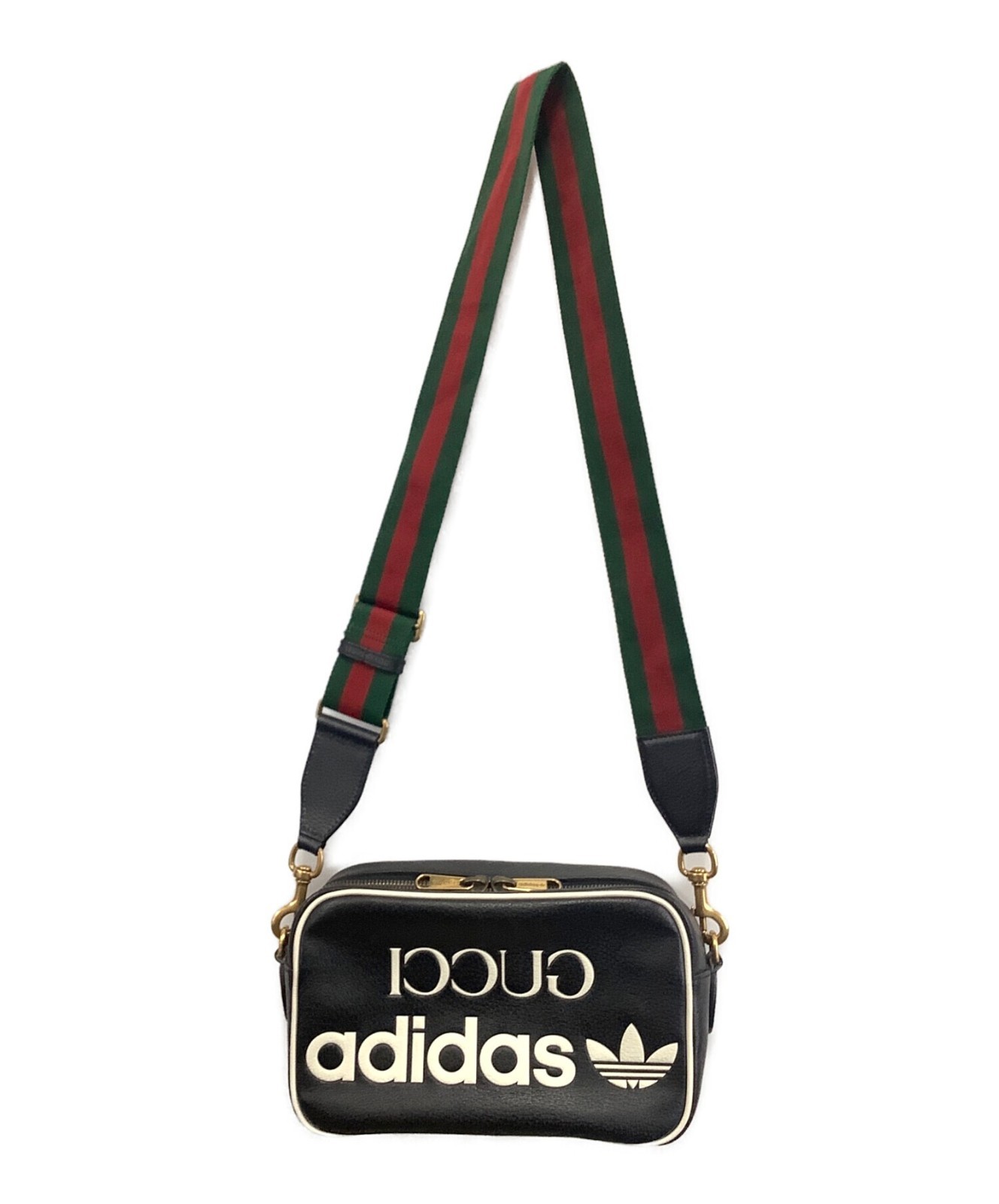 GUCCI x Adidas Trefoil Web Strap Shoulder Crossbody Bag Black Leather Unisex