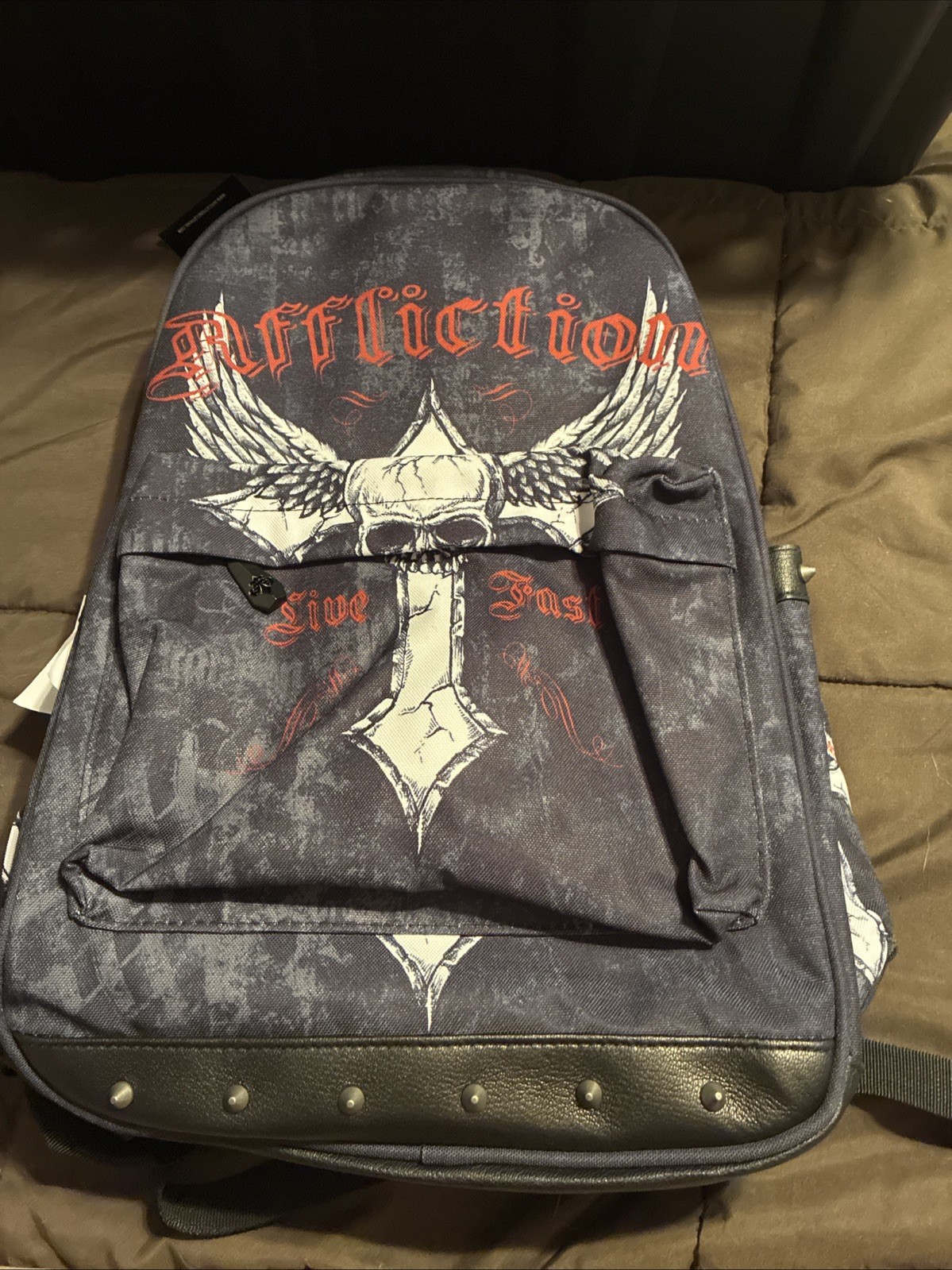 Affliction Live Fast Backpack Black Skull Wing Cross Studded Laptop Travel