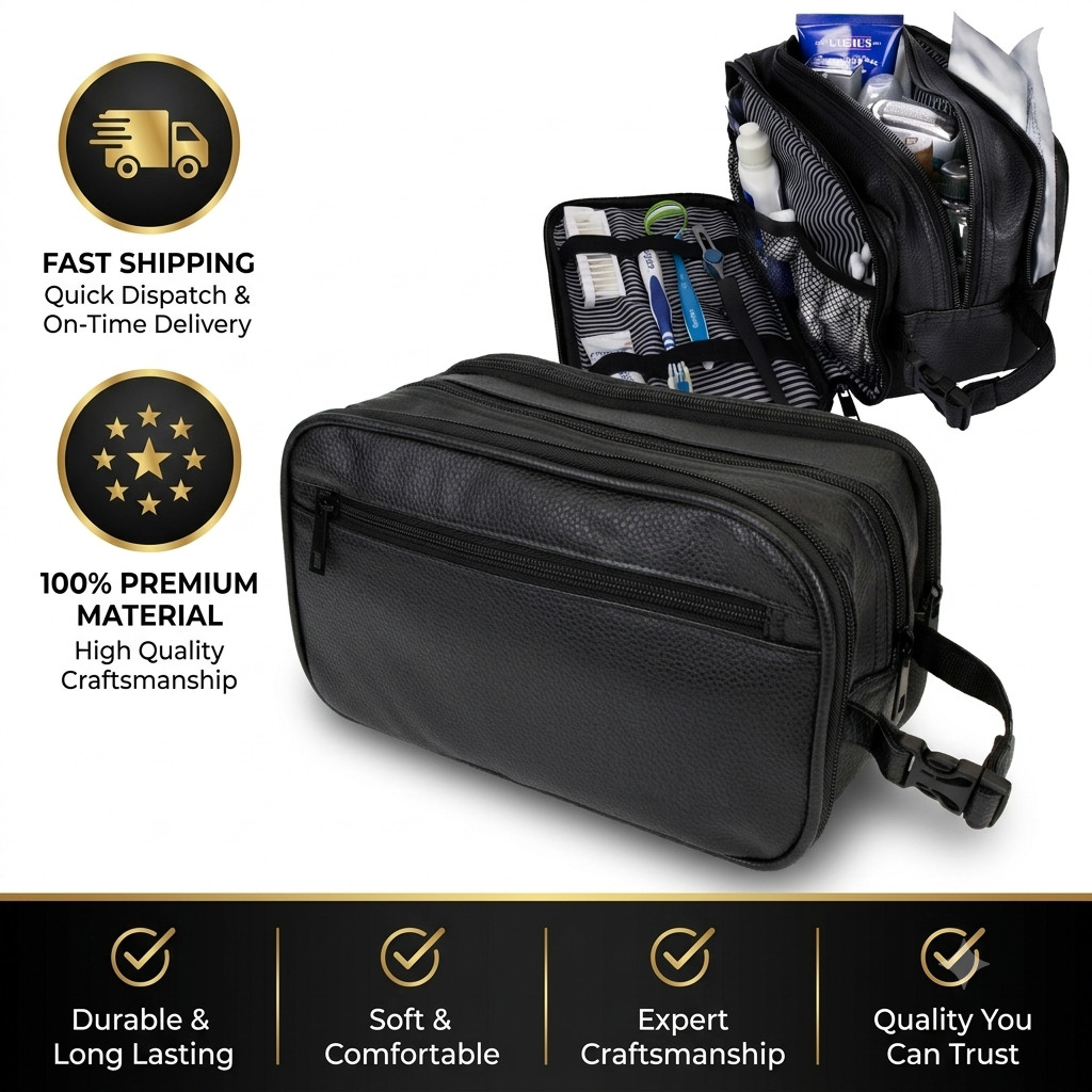 Mens Toiletry Bag with Zipper PU Leather Case Organizer Portable Travel Dopp Kit