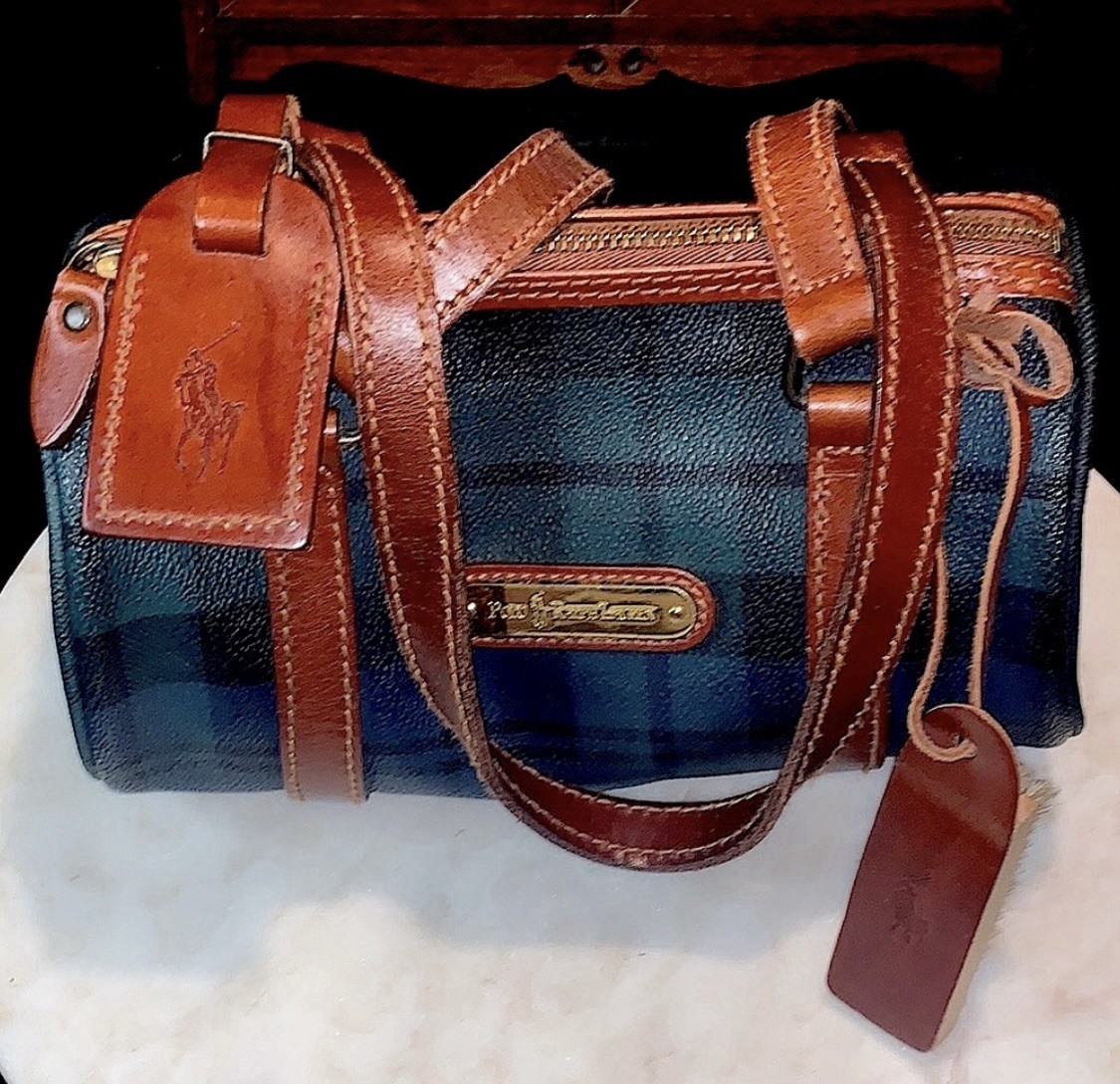 POLO RALPH LAUREN MINI CYLINDER DUFFLE BAG GREEN TARTAN PLAID RARE VINTAGE 1990s