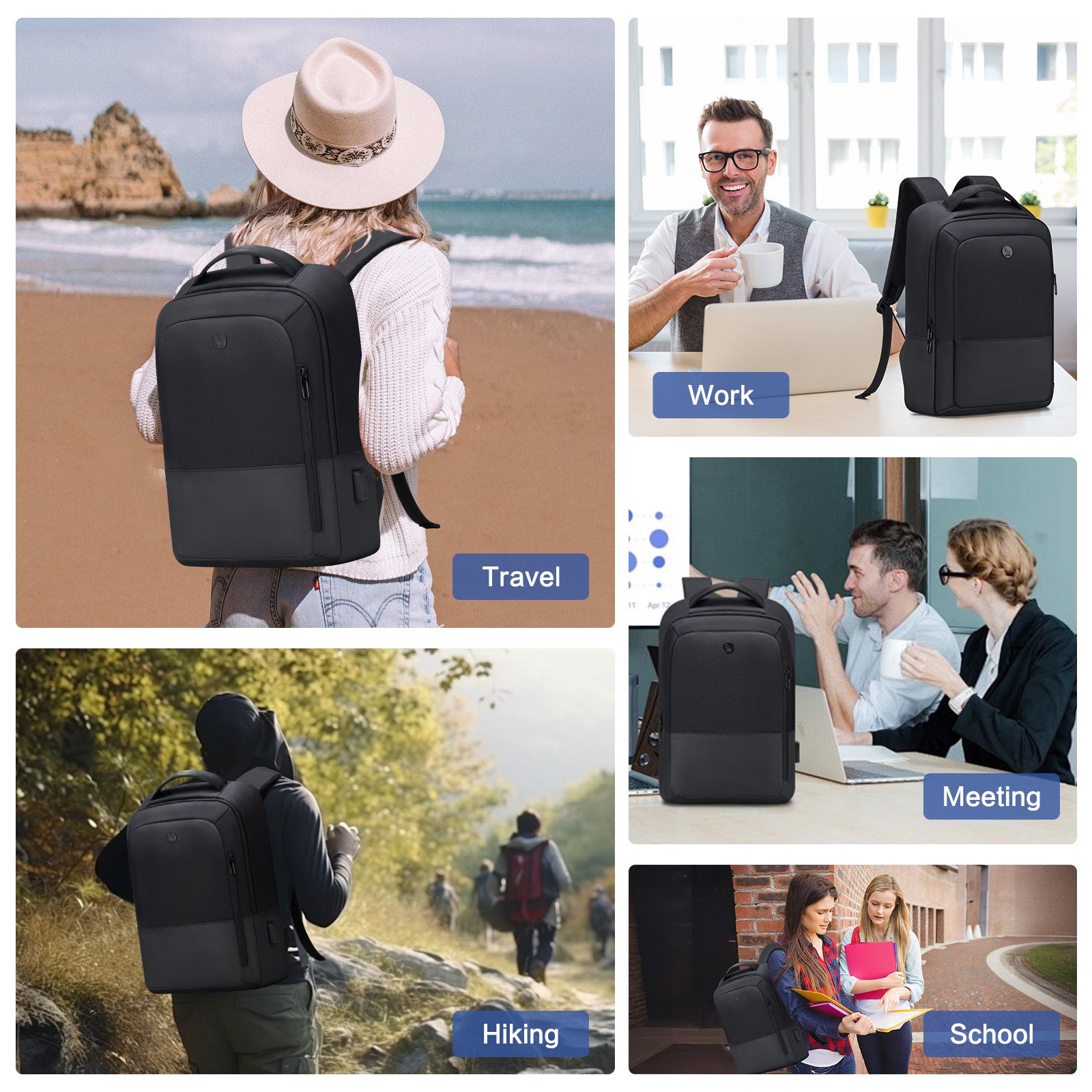 OIWAS Men Classic Backpack Waterproof 15.6″ Laptop Backpack Black with USB Port