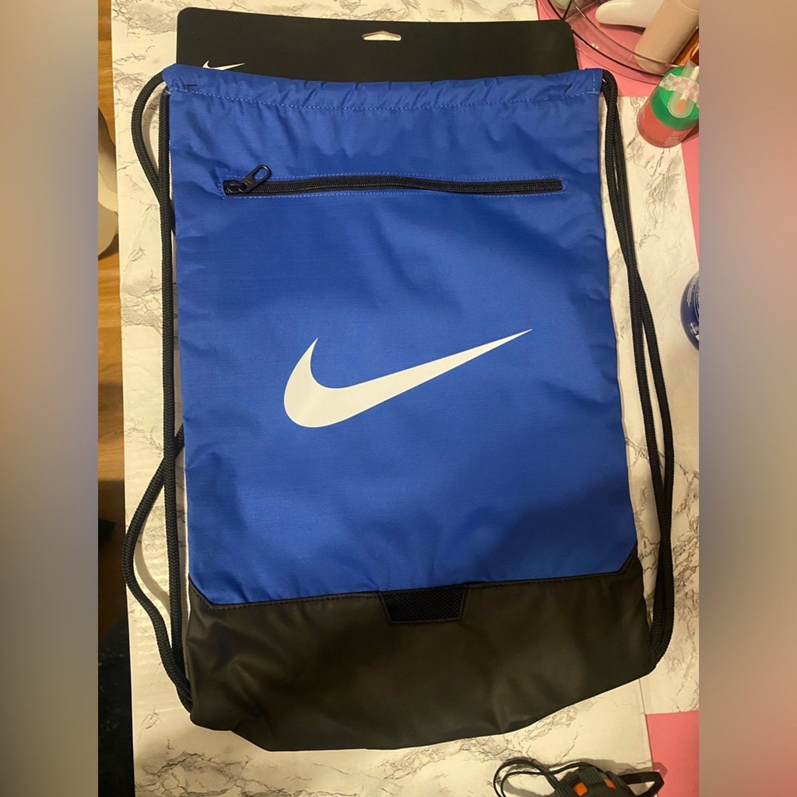 NWT, Nike Blue and Black Drawstring Gym Bag W/ White Swoosh Logo