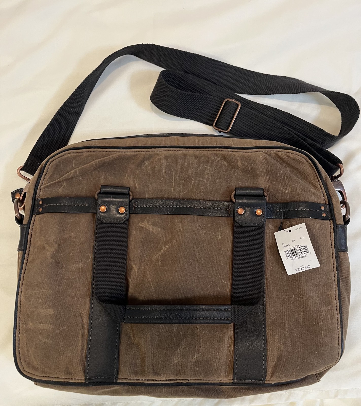 Black Rivet Distressed Brown Canvas and Leather Padded Messenger Bag NWT