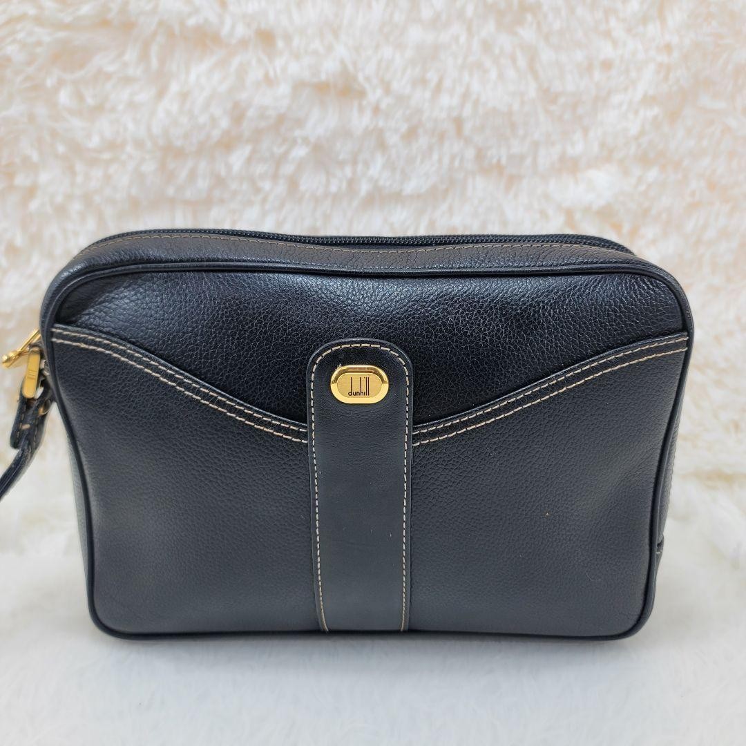 Dunhill Black Leather Clutch Second Bag Gold Hardware 23cm