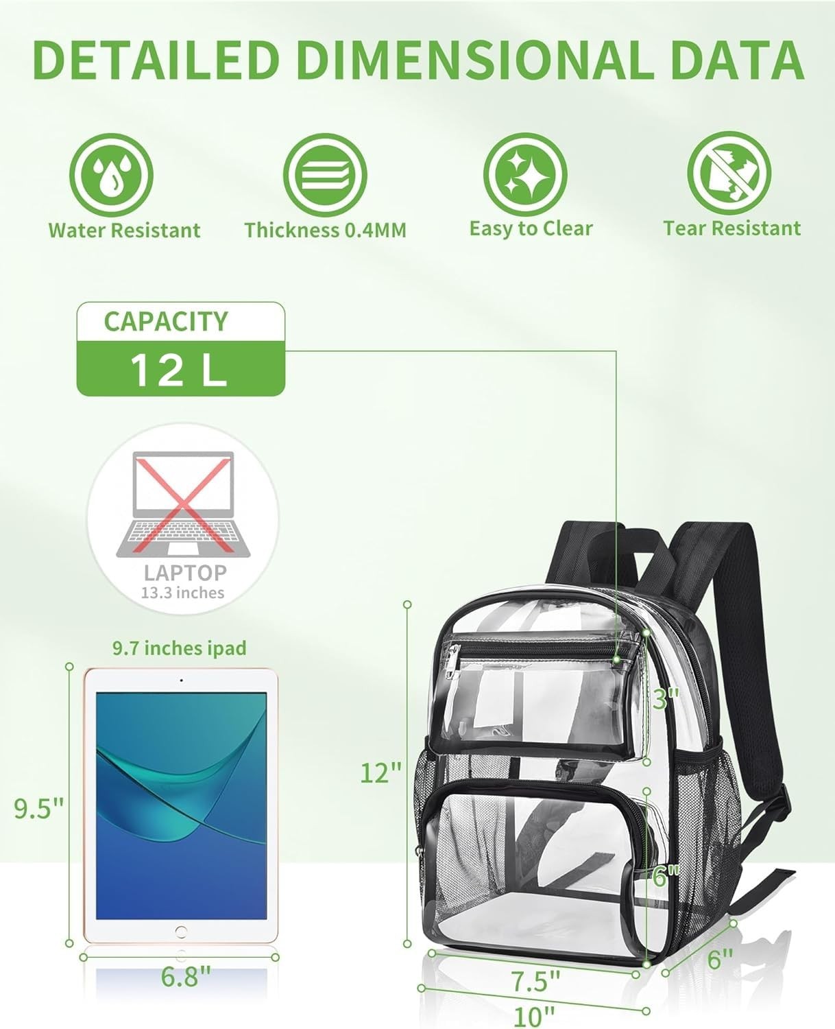 Clear Backpack for Stadium Events, 12x10x6 Inches Stadium Approved