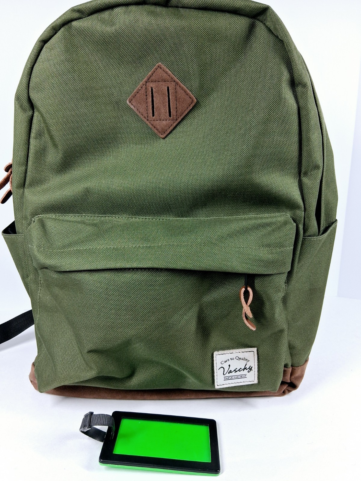 Vaschy Green & Brown Backpack Zip Adjustable Strap Pockets Travel Good Pre-owned