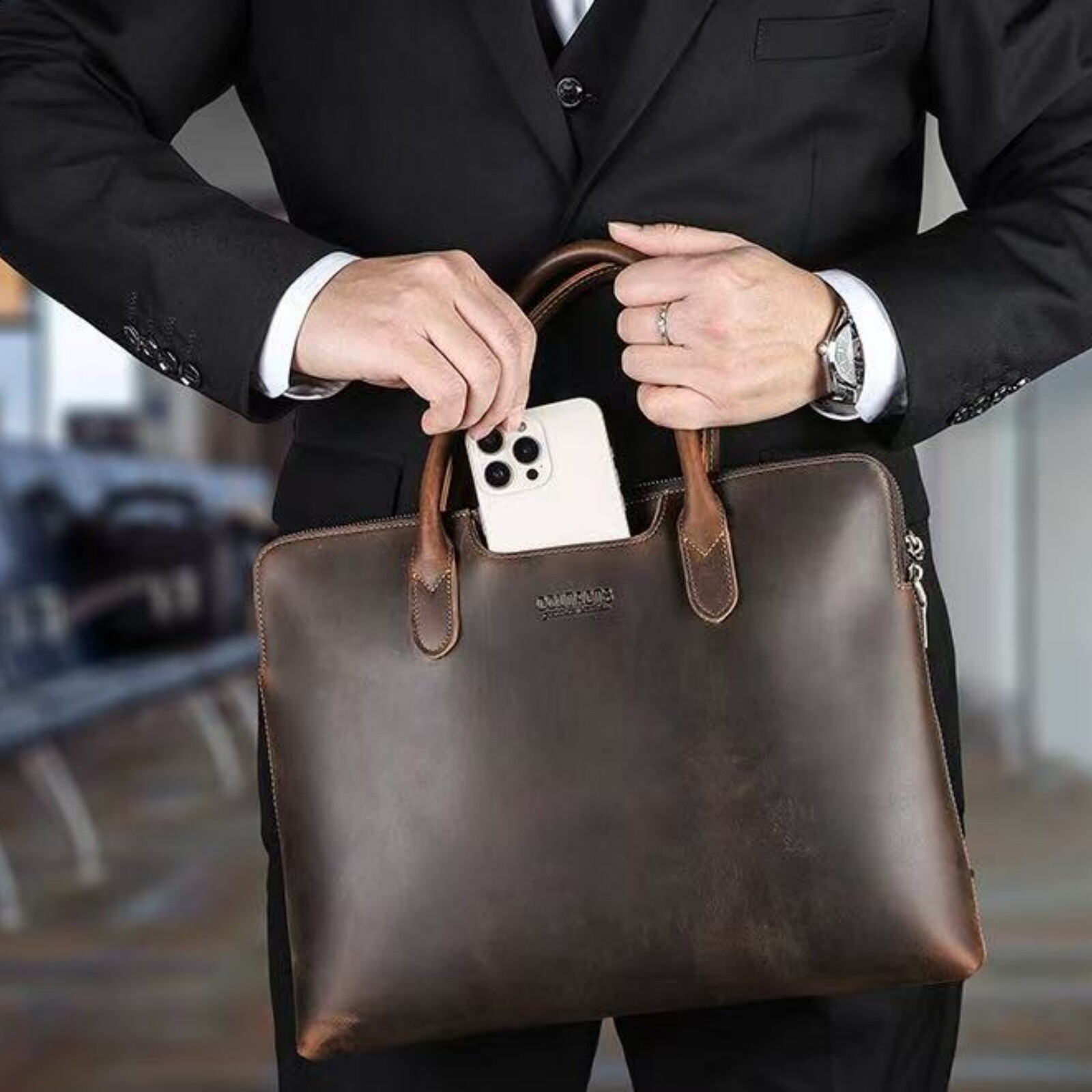 Men’s Leather Laptop Briefcase Travel Business Bag with Phone Pocket