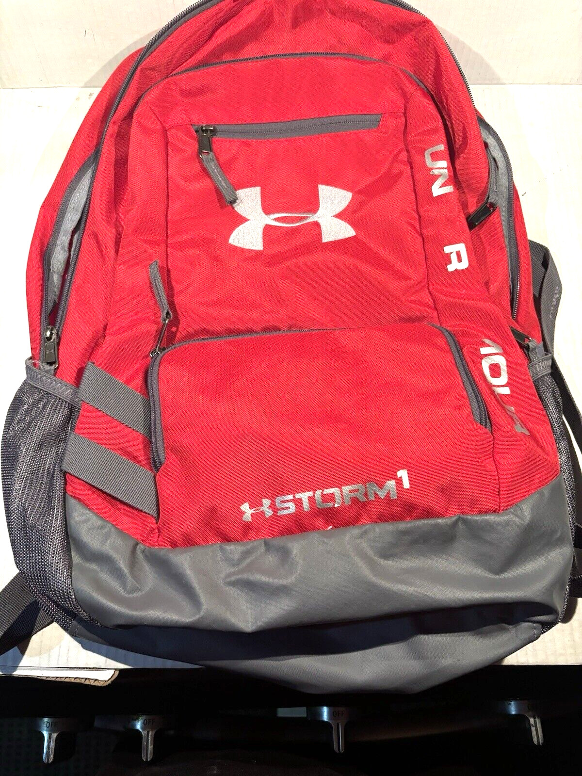 Under Armour Storm 1 Backpack Red Gray Zipper Pockets Wide Straps School Travel