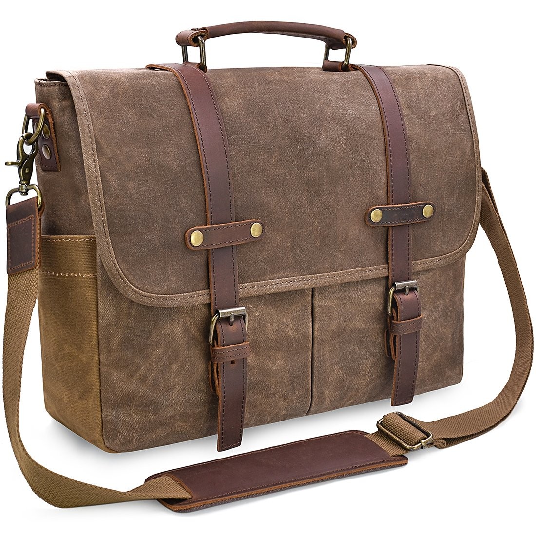 Waterproof 15.6 Inch Leather Messenger Bag for Laptop and Books Brown