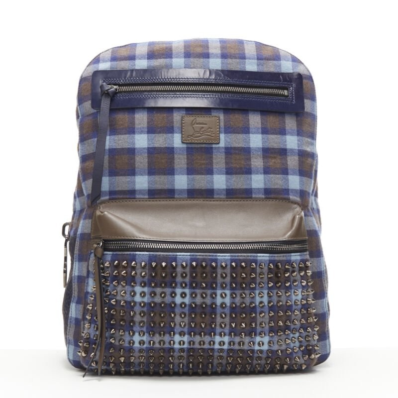 CHRISTIAN LOUBOUTIN Backloubi blue brown gingham check spike stud backpack bag