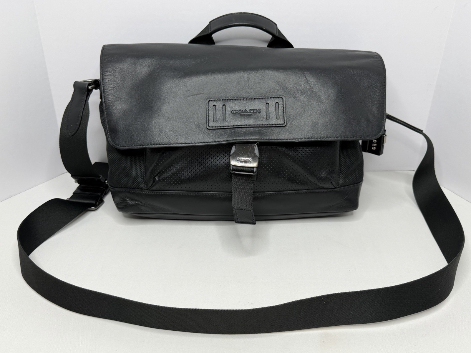 Coach Black Leather Canvas Top Handle Biker Messenger Crossbody Bag