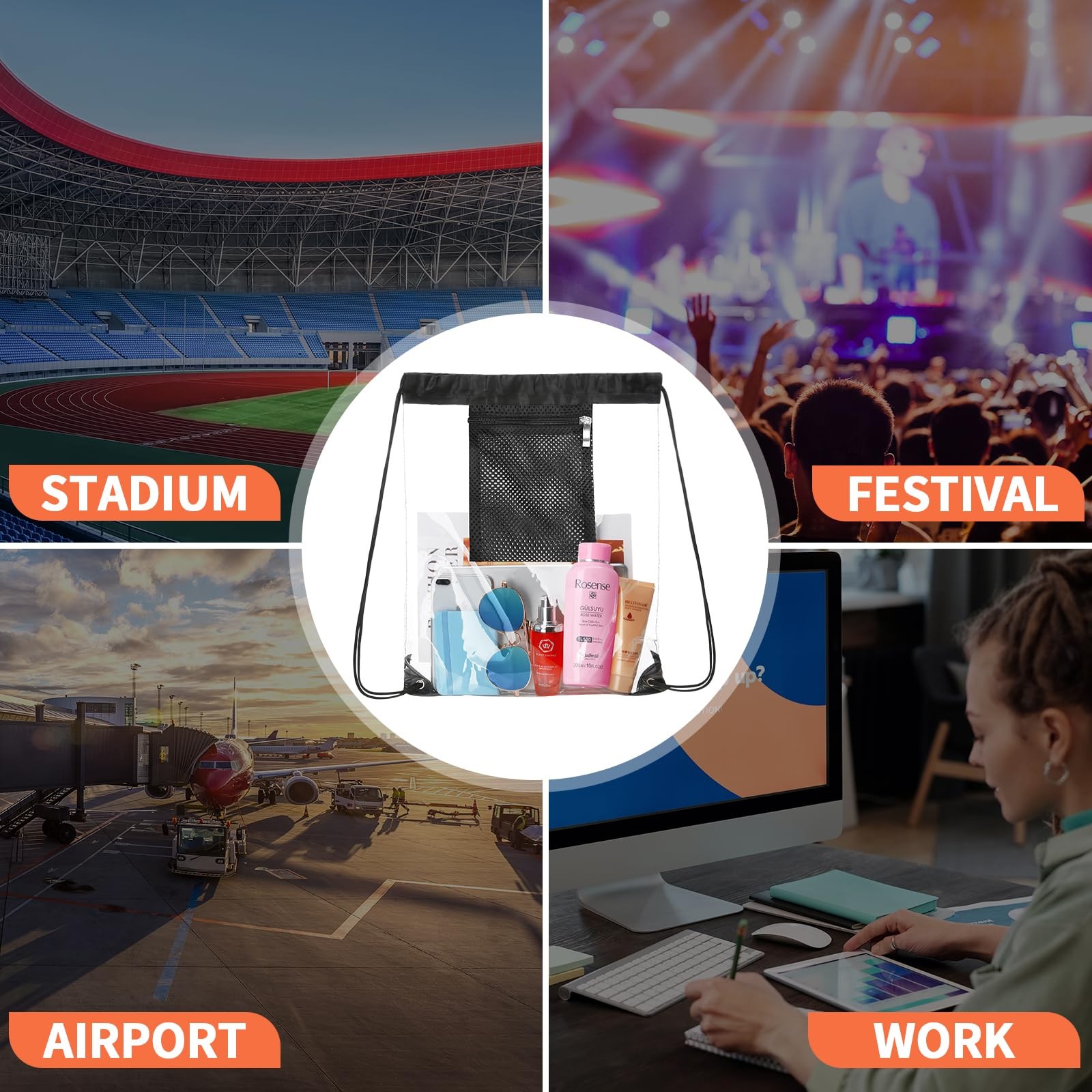 2 Pieces Clear Drawstring Bag for Stadium Concert Work Security Approved, Wat…