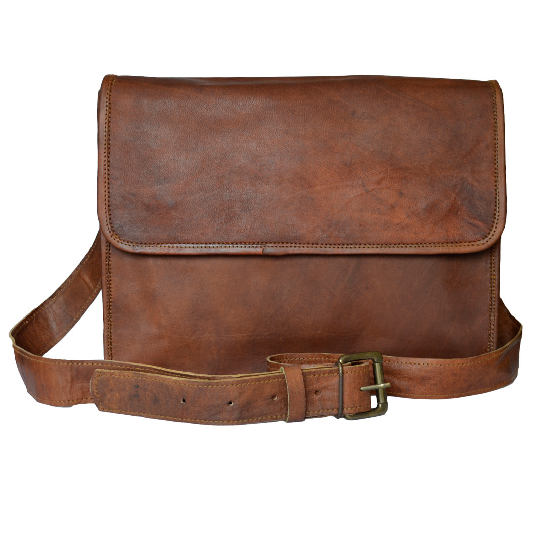 Men’s Crossbody Laptop Bag Brown Shoulder Bag Genuine Leather Flapover Side Bag