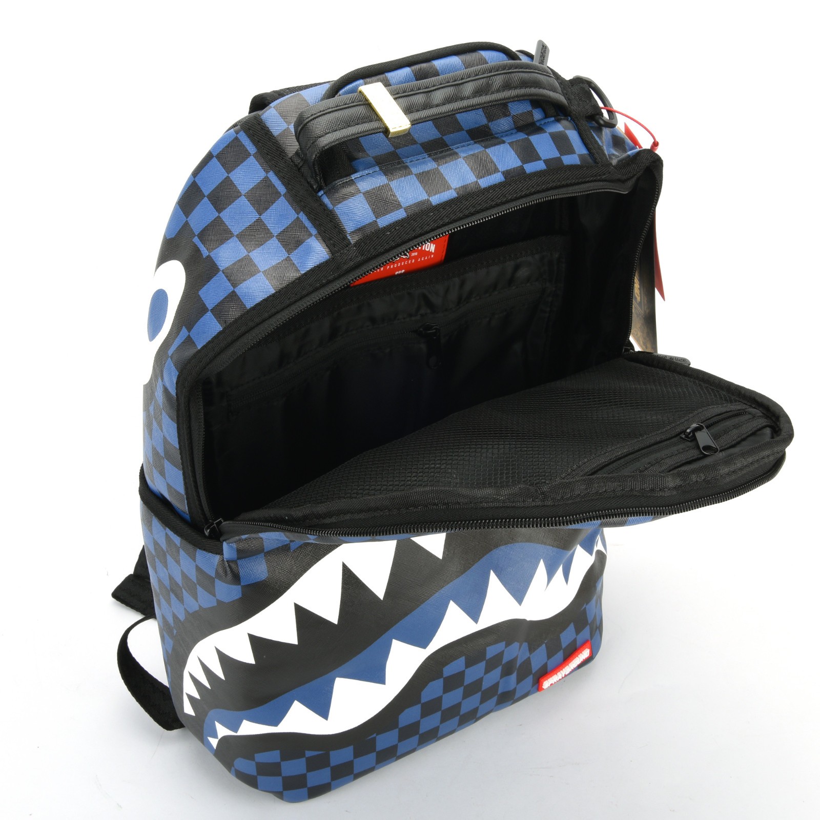 Sprayground Midnight Magic Shark Leather Bag Backpack Unisex Blue Black Plaid