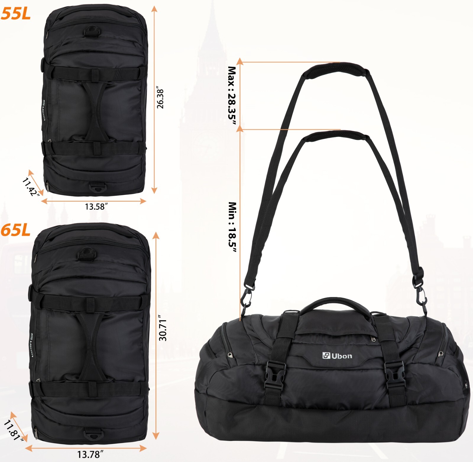 Ubon Large Duffel Bag Weekender Bag with Shoe Compartments Sports Gym Backpack