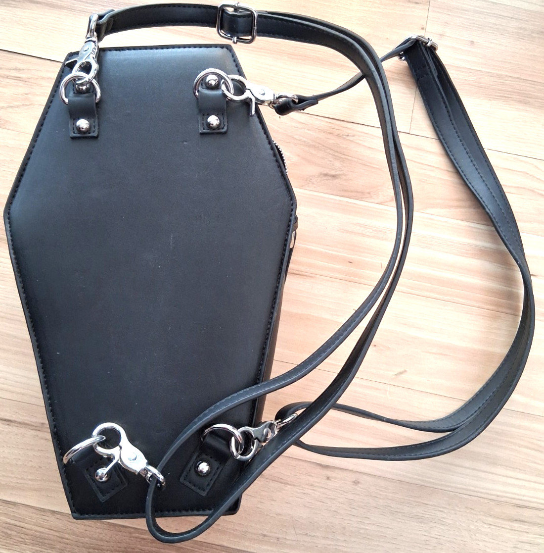 Black Coffin Style Gothic Backpack w/ Embroidered Aquarius Zodiac & Metal Studs