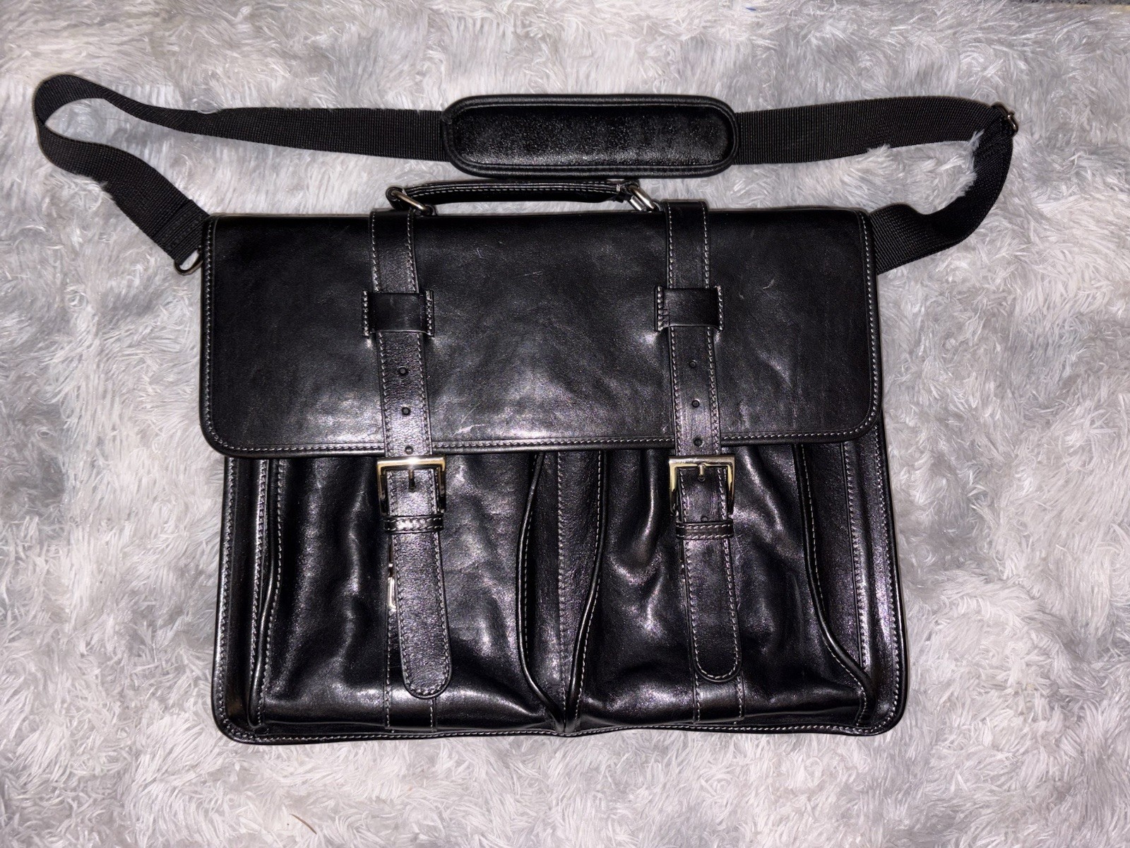 Floto Firenze Black Leather Buckle Strap Briefcase Messenger Bag Made In Italy