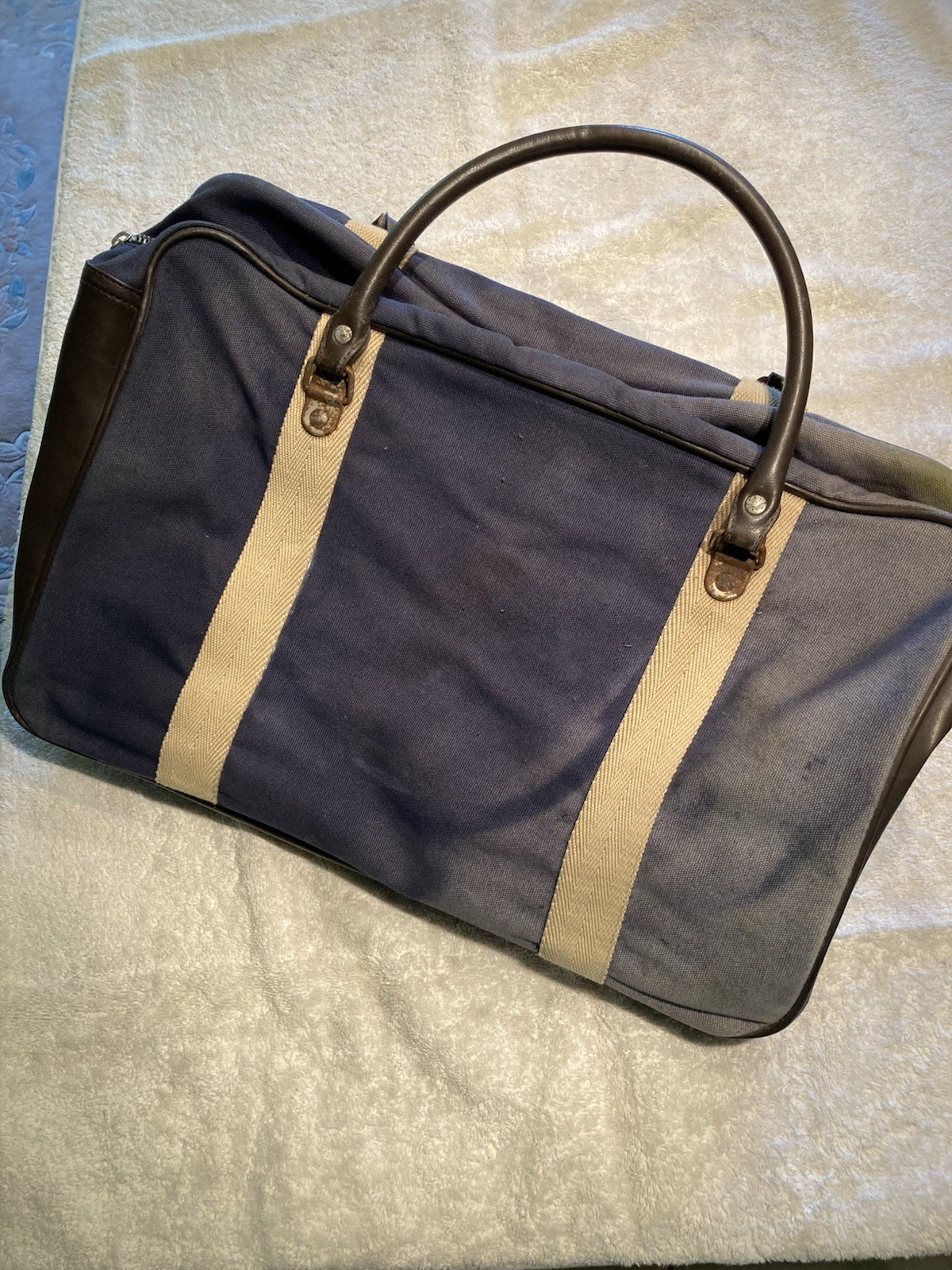 Distressed Fred Perry Leather And Canvas Blue Tote Bag