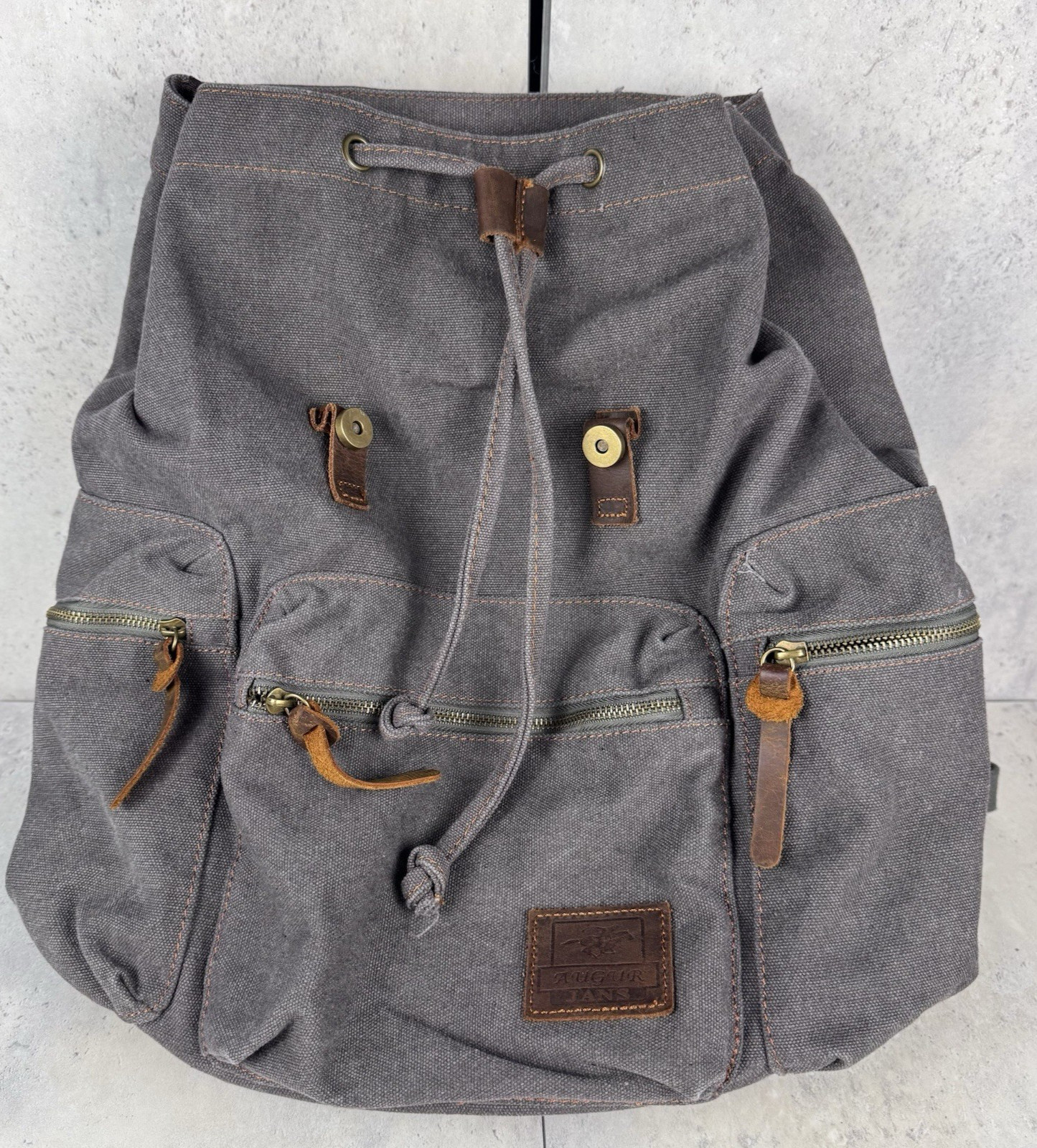 Augur Jans Canvas Backpack Gray Brown Drawstring Straps Hiking Boho READ