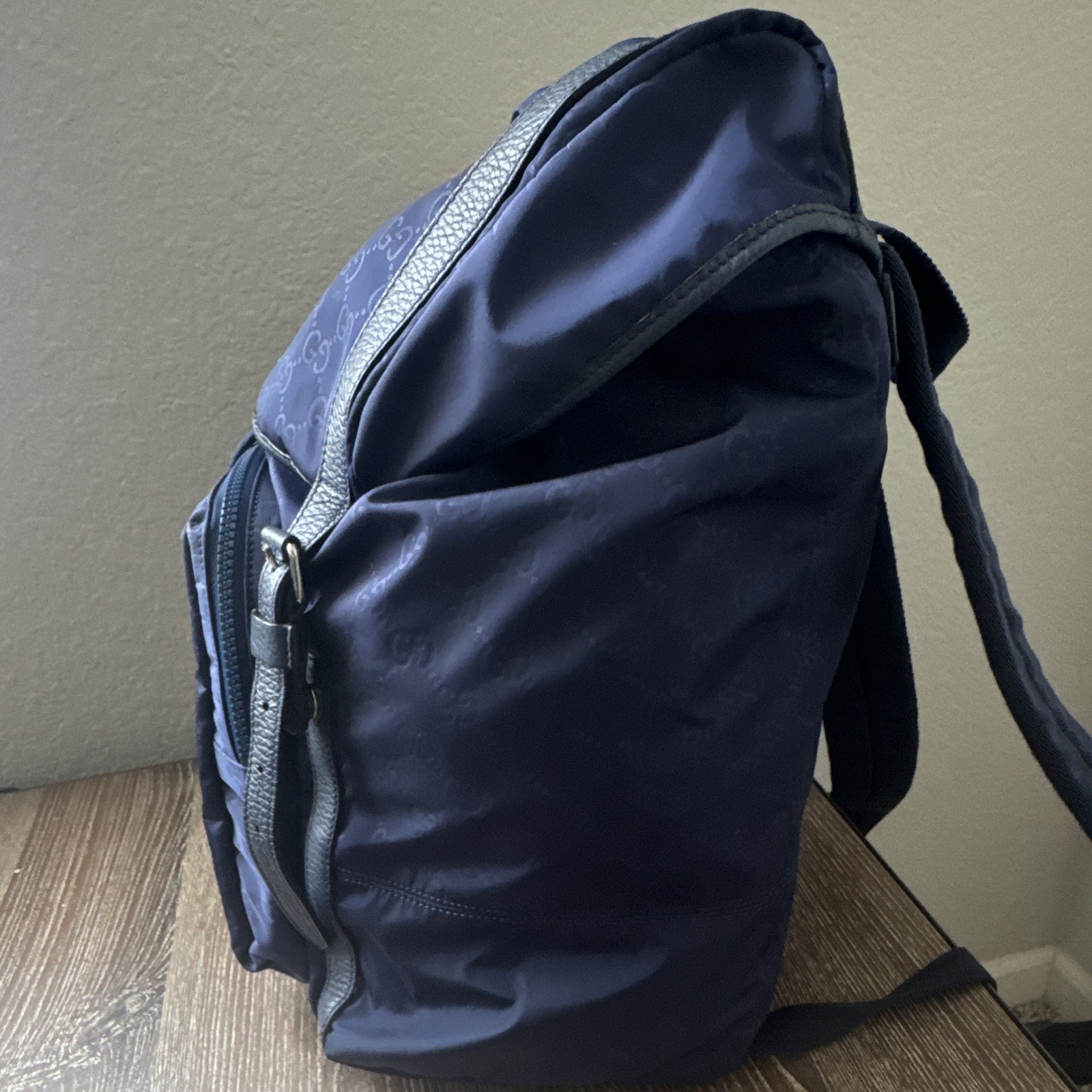 Gucci Navy Blue Monogram Backpack Adjustable Leather Strap Logo Hardware