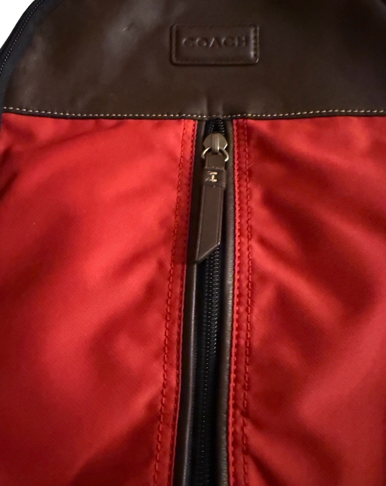 Coach Colorblock Backpack Navy Red Brown Zip Pockets Adjustable Straps Men