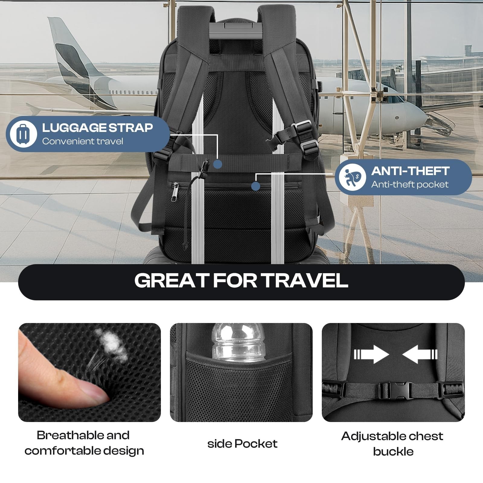 Extra Large 55L Travel Backpack, TSA Approved, Expandable, Water Resistant, Fits