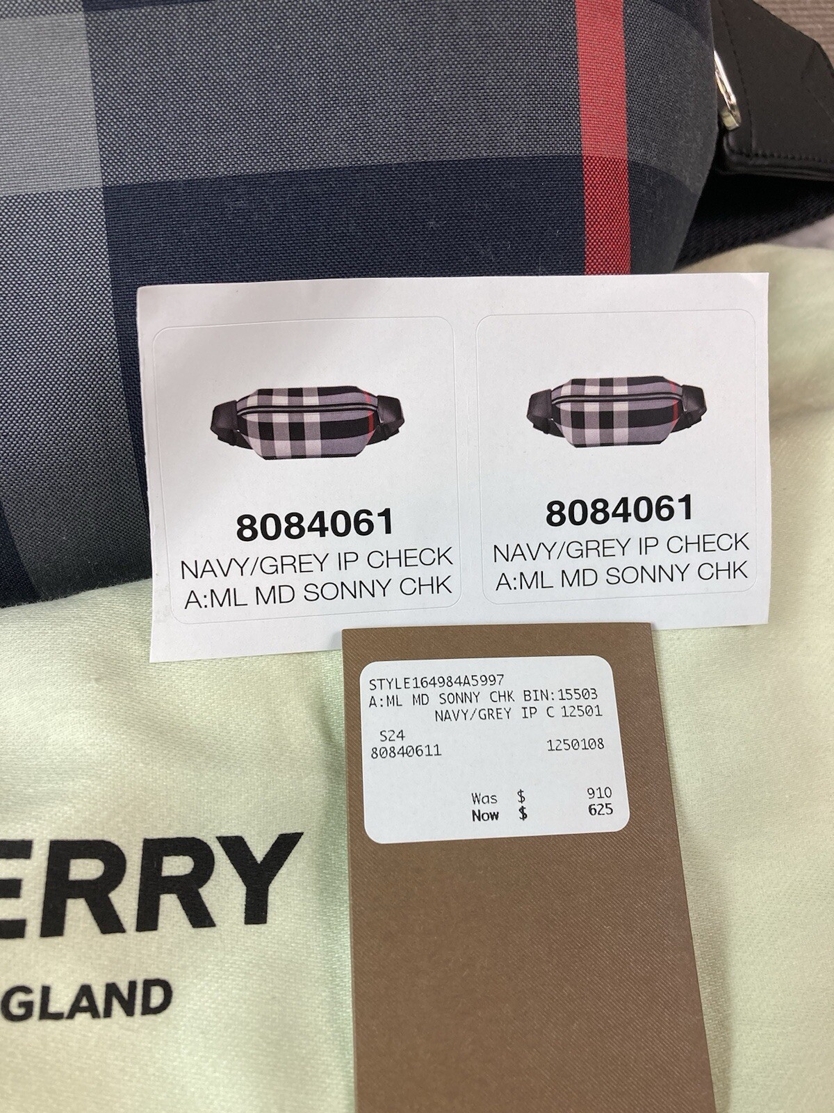 NWT Authentic Burberry Navy Grey IP Check Canvas Sonny Belt Bag – $910 Retail