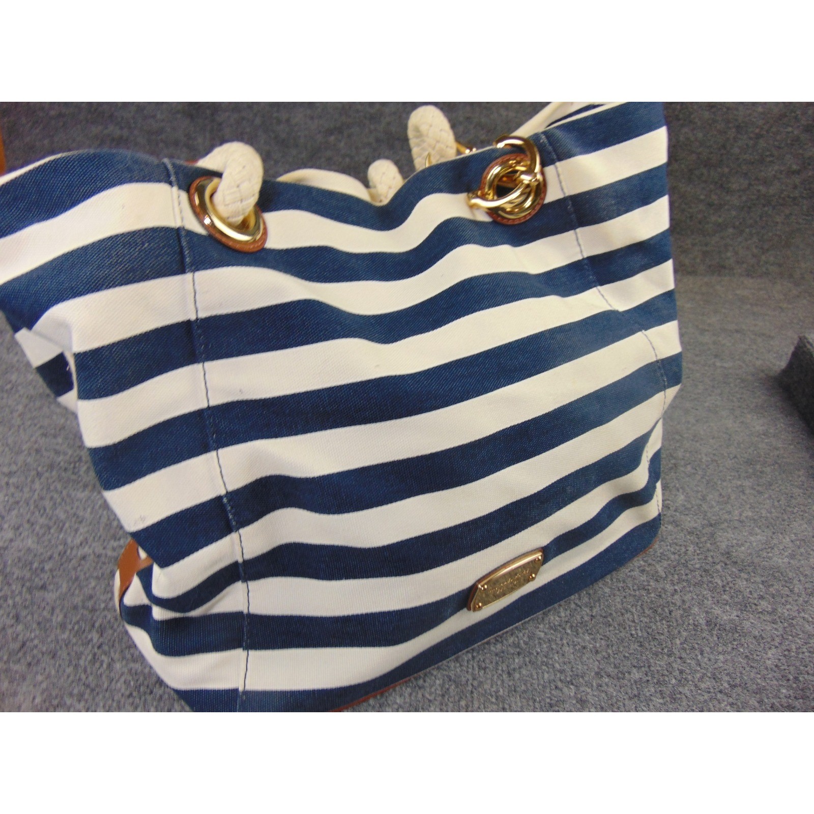 Michael Kors Tote Men Blue Striped Nautical Coastal Beach Rope Handle 38S4CMAT6R