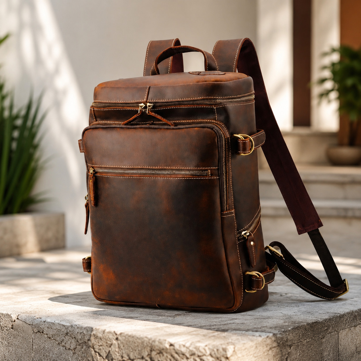 17.5″ Leather Backpack Men Travel Laptop Rucksack Brown Business Bag
