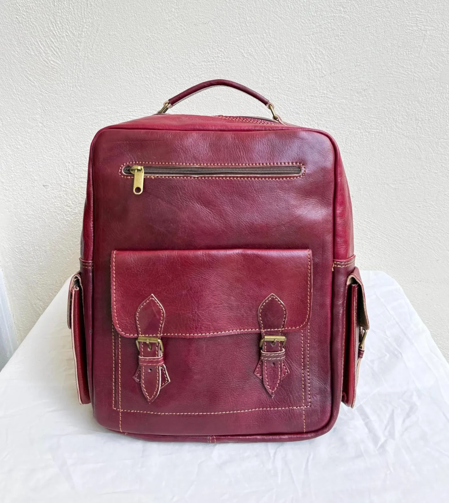 Handcrafted Genuine Leather Backpack – Bordeaux Color | 45 × 33 cm | Handmade