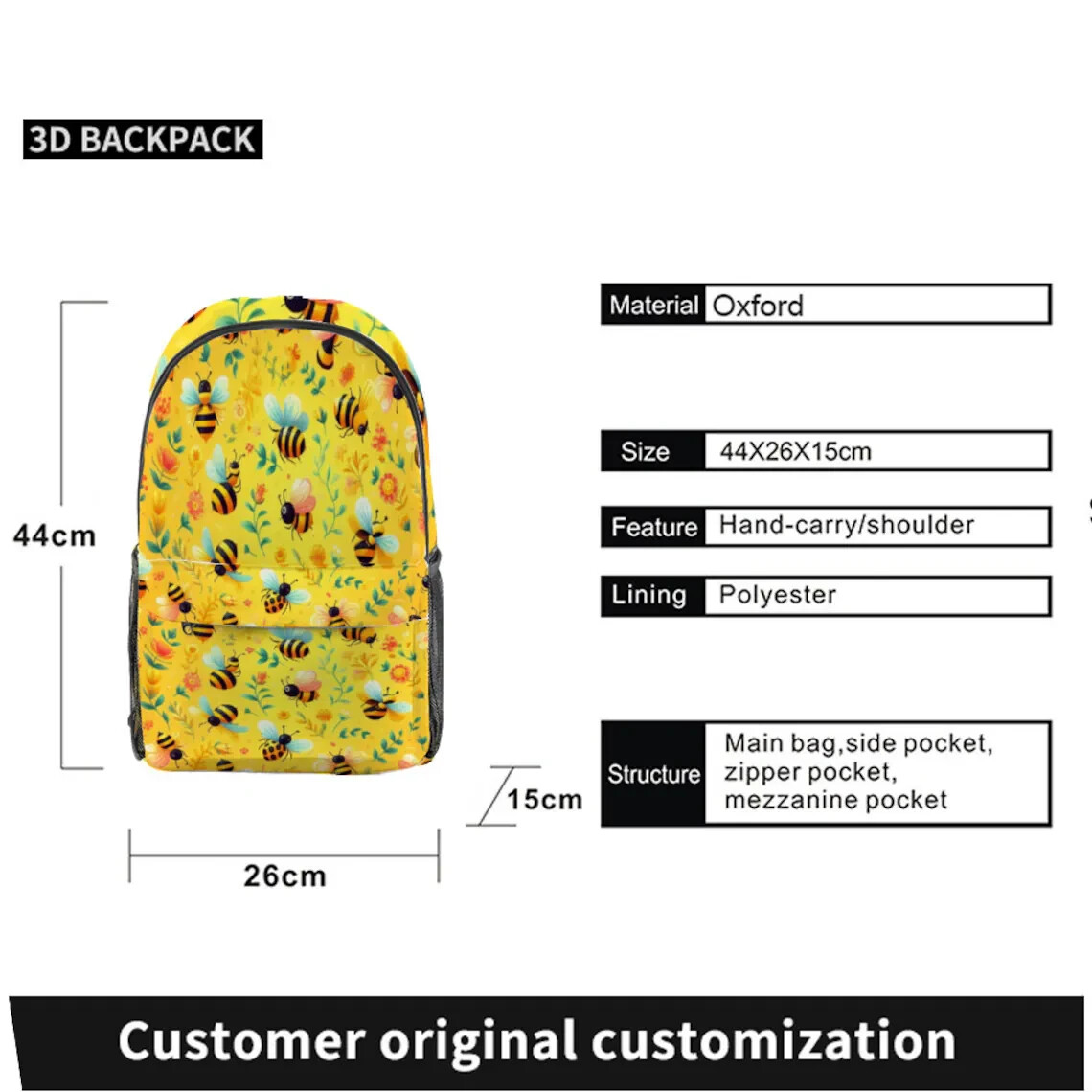 Yellow Gradient Bee Pattern All Over Print Travel Backpack 17.3″ x 10.2″ x 5.9″
