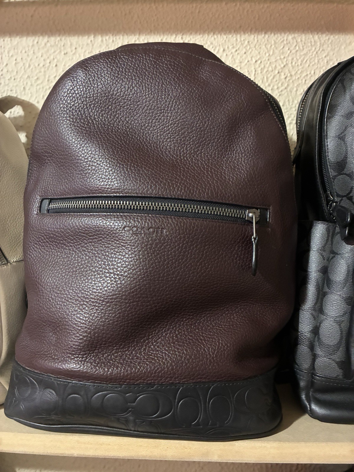 Coach Men’s Leather Backpack Oxblood Burgundy Pebbled Leather Black Trim