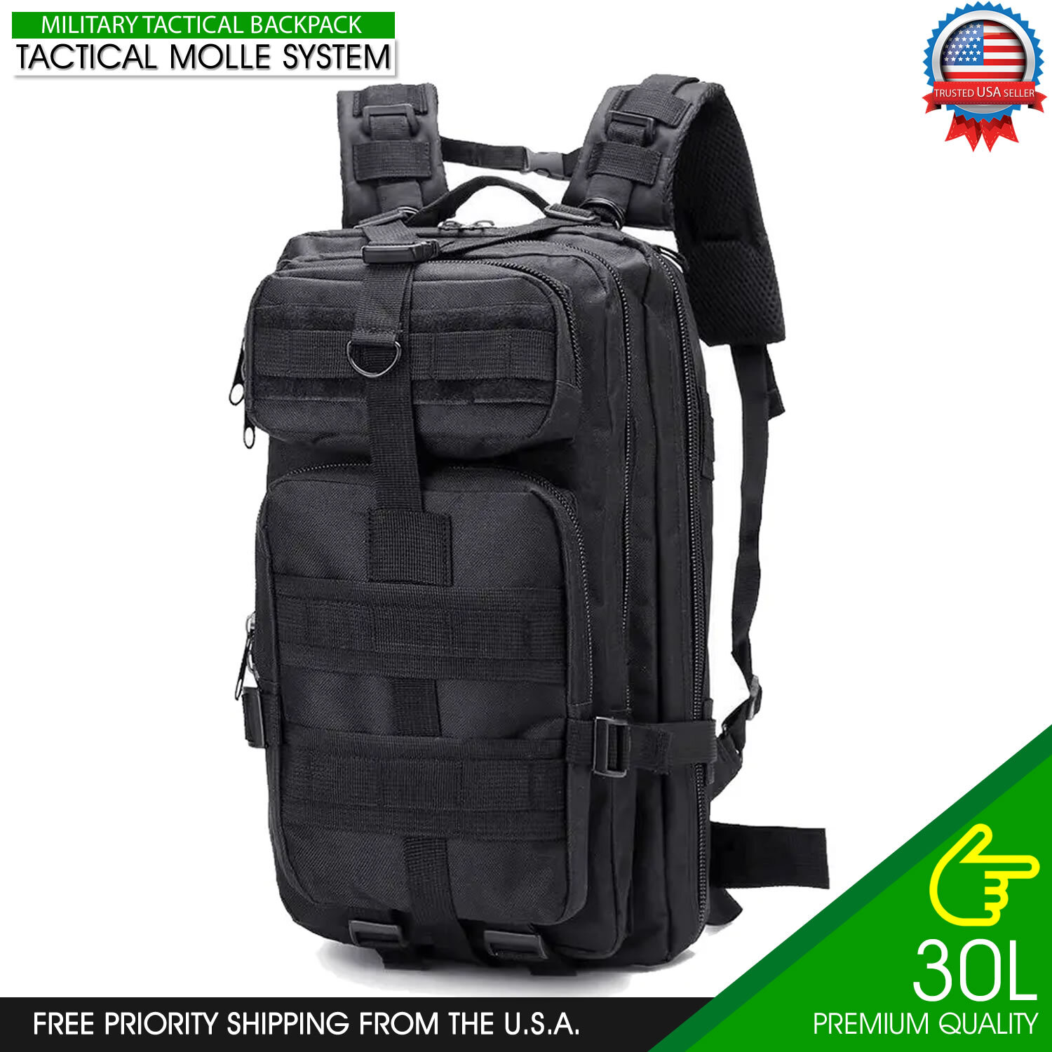 Tactical Backpack 30L Rucksack Black Military Molle Outdoor Large Bag Day Pack