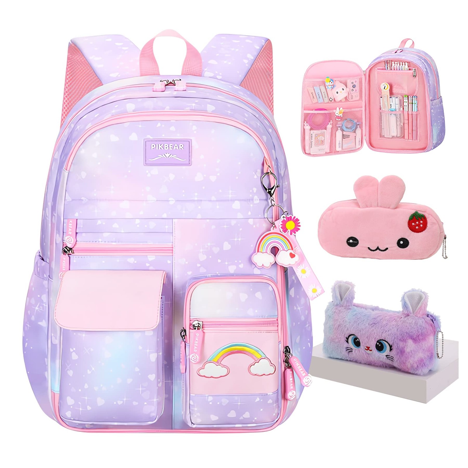 Rainbow Backpack for Girls Cute School Bag with Pen Bag Aesthetic Starry