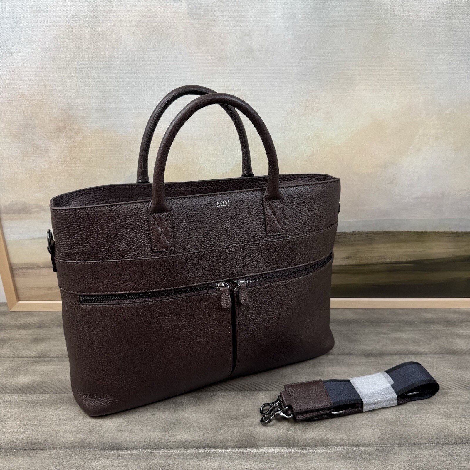 Mark & Graham Graham Pebbled Leather Briefcase Bag Chocolate Brown Monogram Read