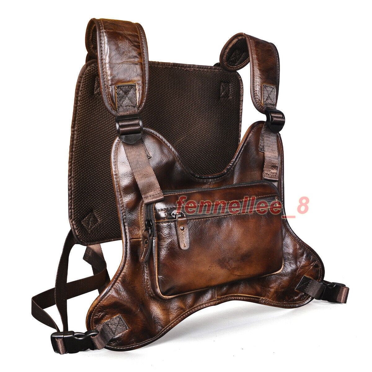 Men Vintage Real Leather Two Straps Chest Rig Bags Rectangle Streetwear Hip-Hop