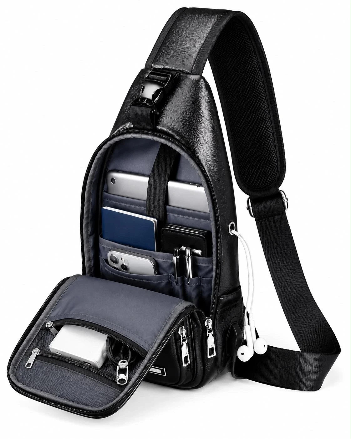 Black Chest Crossbody Bag Sling Backpack for Men with USB Charge Port Hole