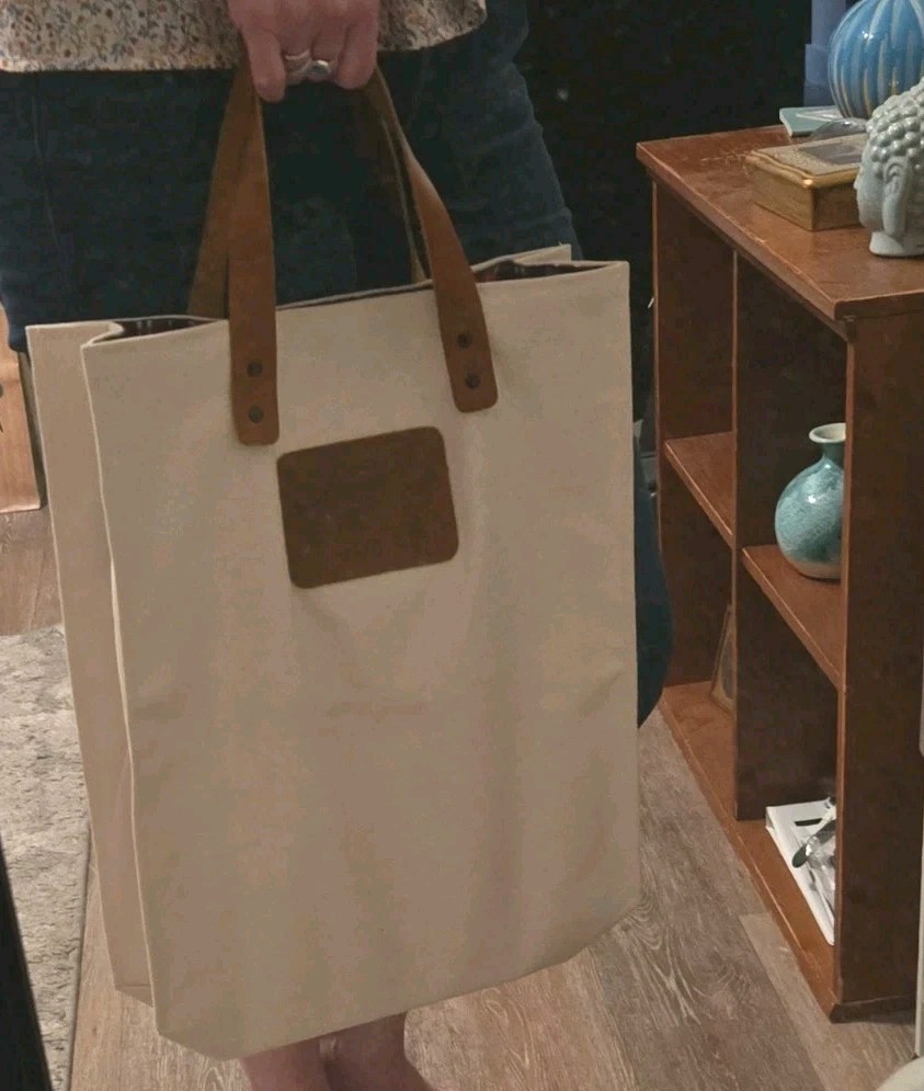 Canvas Tote Benedictine College Beige w/ Leather Handles Plaid Inside $125 MSRP