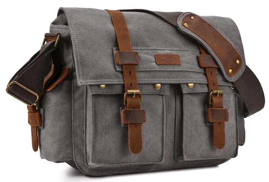 Leather Canvas Camera Bag Messenger Adjustable Shoulder Strap Kattee Dk Grey NWT