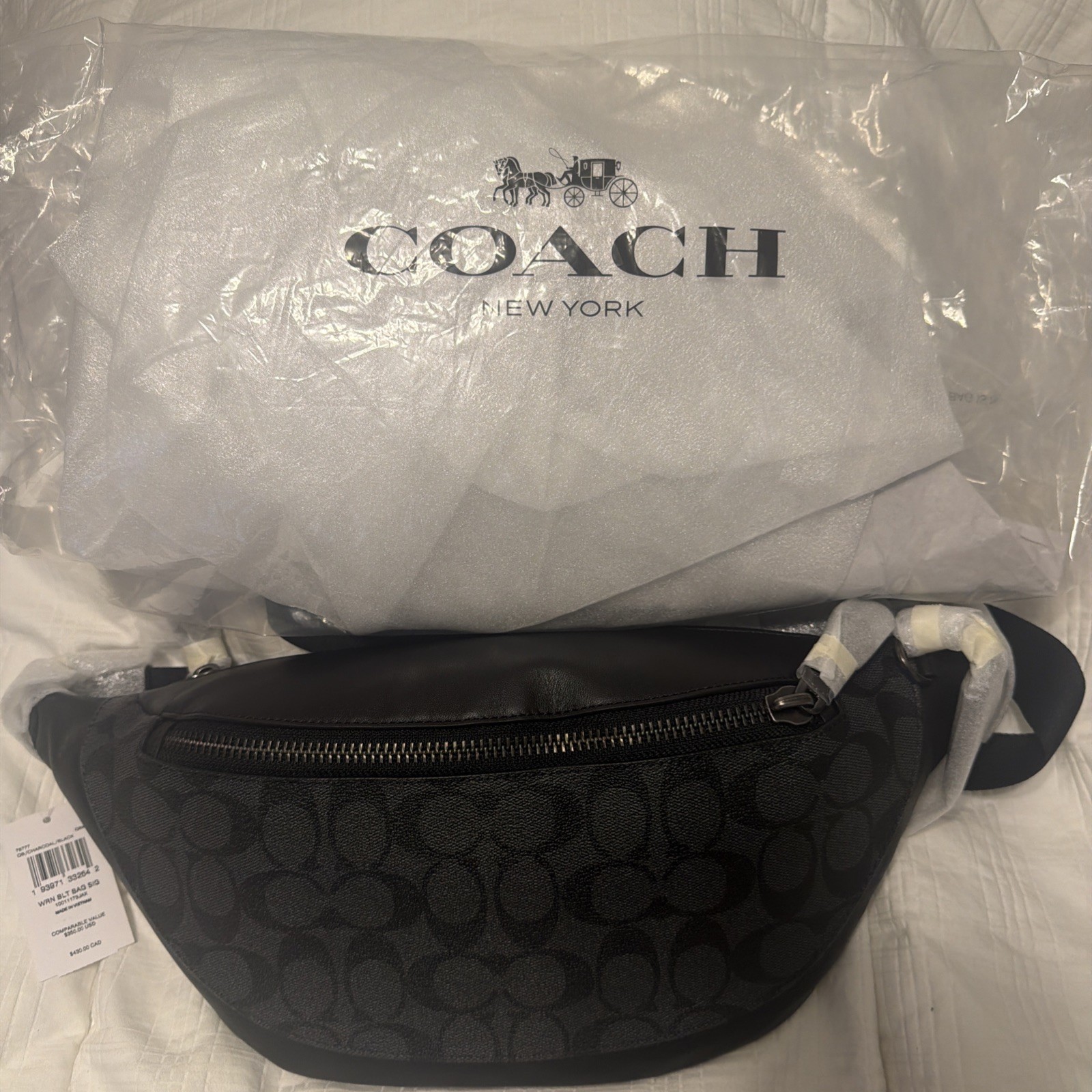 COACH Men Charcoal/Black Signature Canvas &Leather Warren Belt Bag (78777) NWT