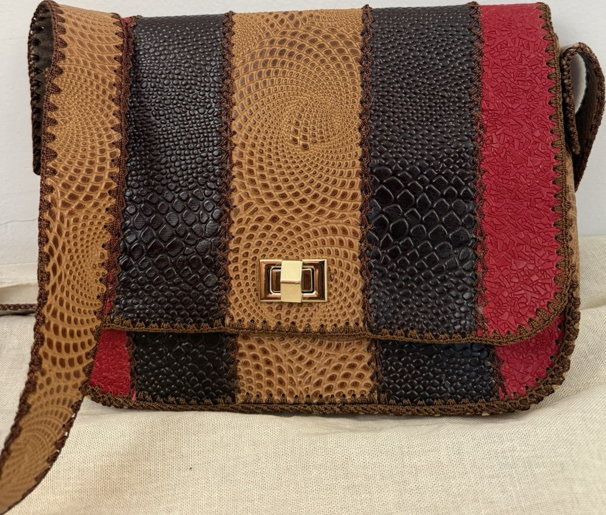Boho Patchwork Embossed Leather Crossbody Snake Texture Artisan Shoulder Purse