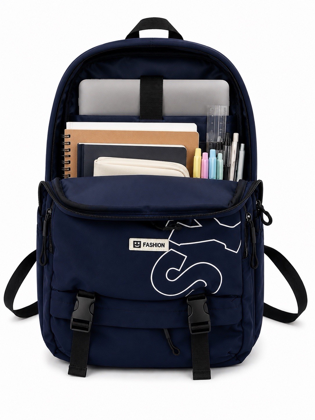 Men’s Navy Blue Backpack w/ Zip & Buckle Closure, WateAdjustable Straps