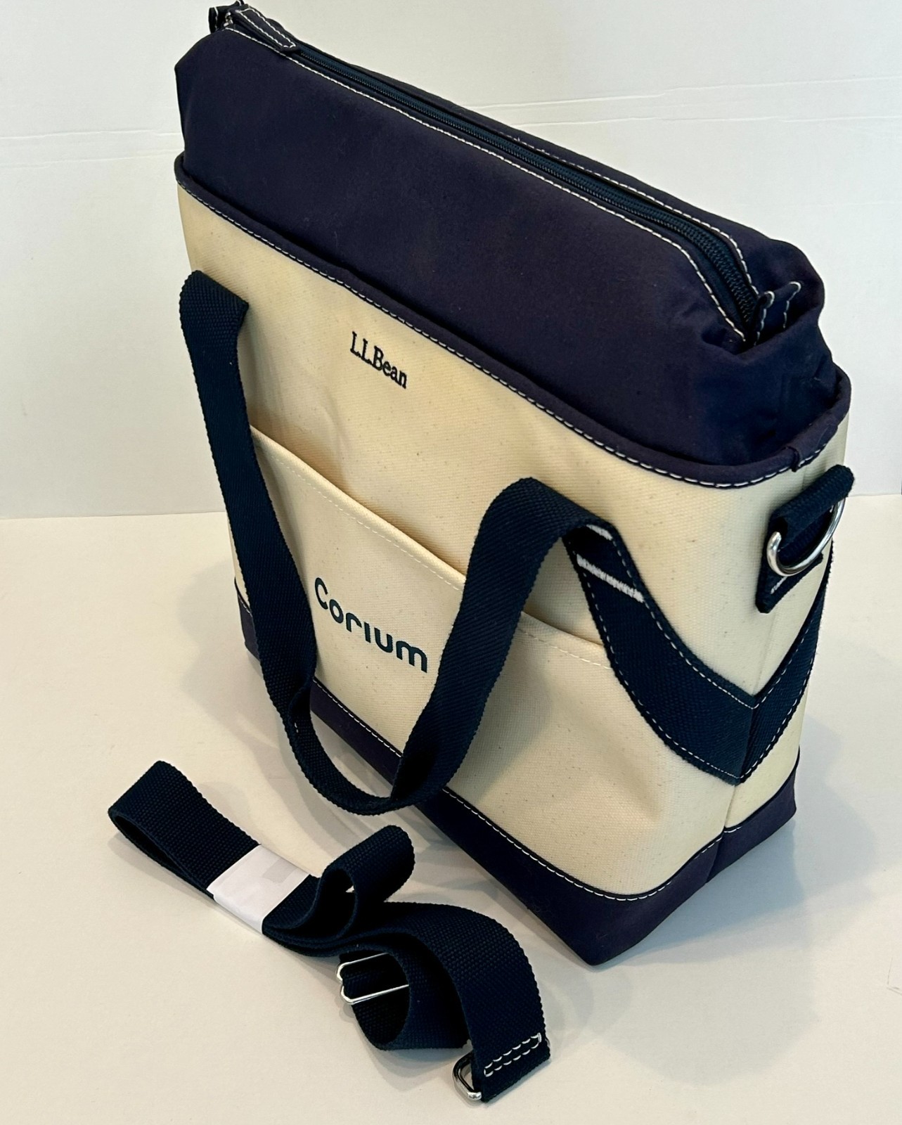 LL Bean Insulated Tote Bag Beige Blue Straps Canvas Cooler Beach Camp