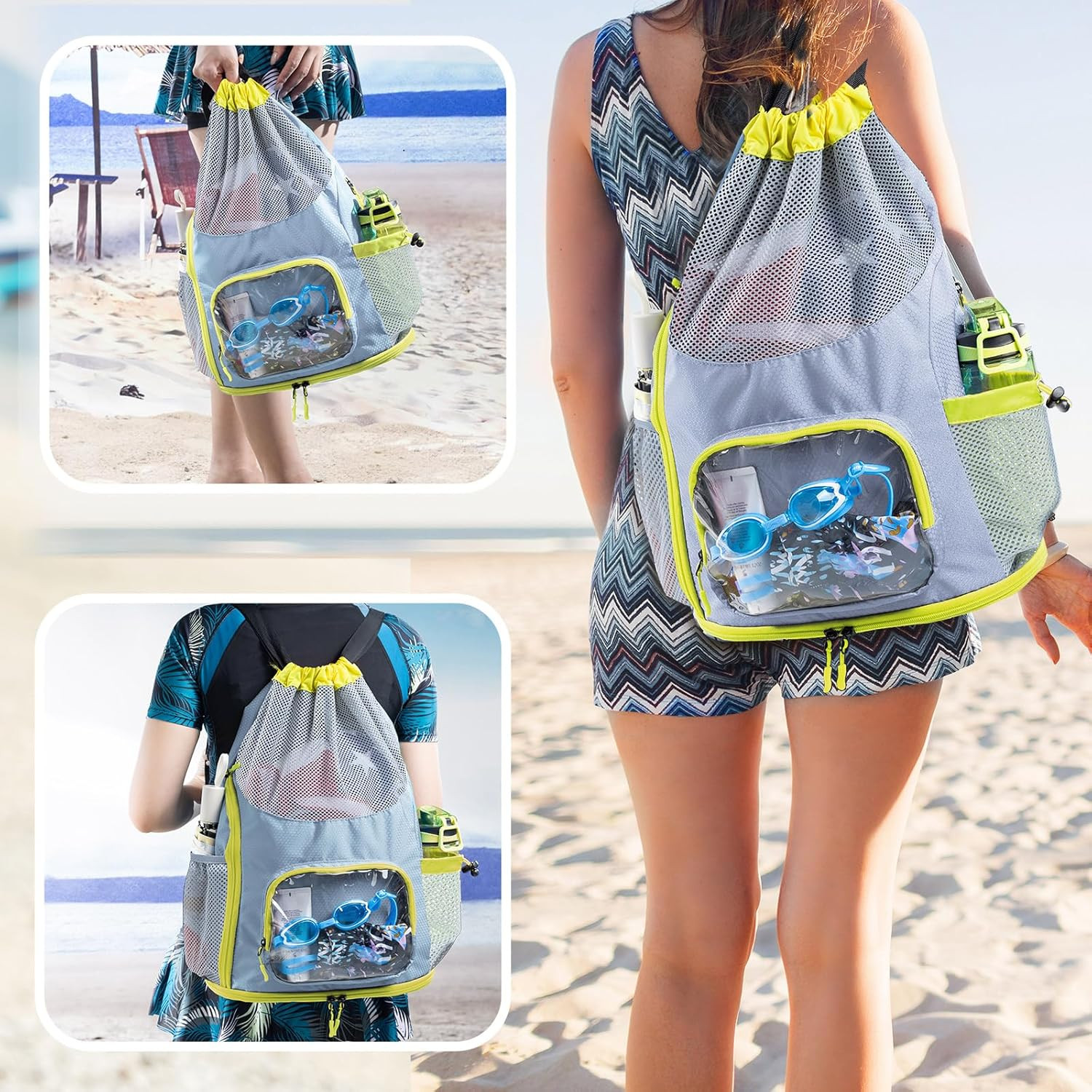 Mesh Drawstring Backpack with Shoe Compartment, Wet Pocket Beach Swim Bag
