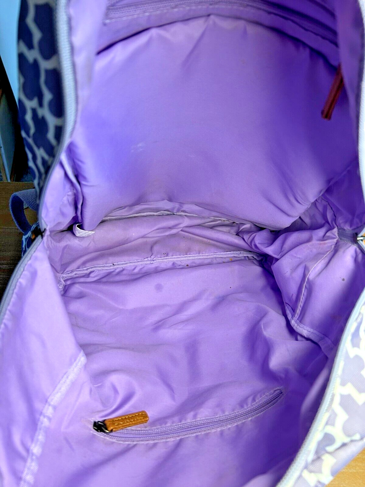 Cute Lightweight Purple& White print Backpack, Leather accents. Mult. zip pocke