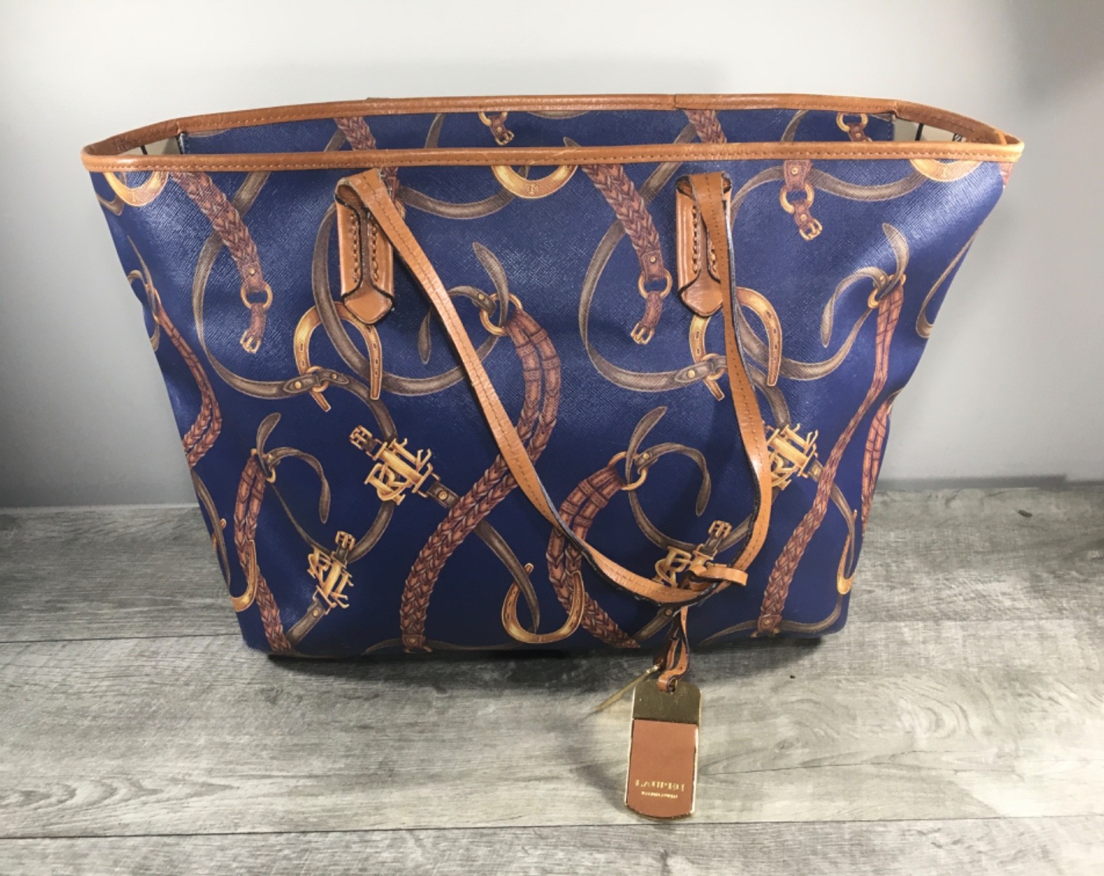 Ralph Lauren Belting-Print Caldwell Equestrian Large Devyn Tote Bag Purse Blue